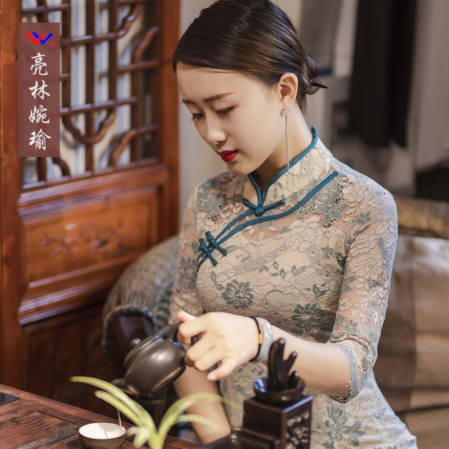 亮林婉瑜日常改良旗袍夏中长款清新淡雅复古中国风蕾丝连衣裙短裙