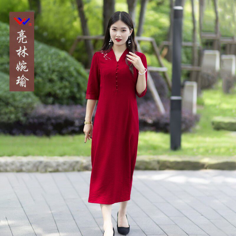 木棉系列 天丝棉料连衣裙V领复古文艺范长裙刺绣中袖简约连衣裙夏