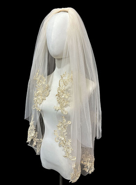 新娘结婚主婚纱头纱浅香槟色蕾丝双层头纱领证登记拍照道具头饰