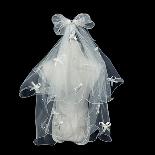 新娘结婚主婚纱头纱超仙森系短款蓬蓬蝴蝶结头纱网红拍照道具头纱