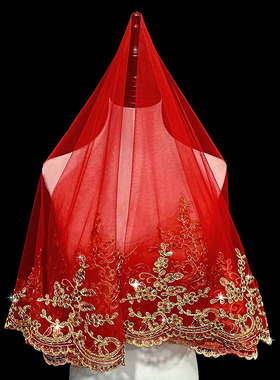 新娘结婚出嫁凤冠霞披盖头结婚礼服中式复古秀禾服半透明红色盖头