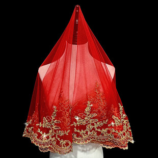 新娘结婚出嫁凤冠霞披盖头结婚礼服中式 复古秀禾服半透明红色盖头
