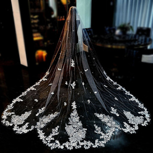 新娘结婚主婚纱头纱超仙森系闪闪头纱酒店婚礼舞台大拖尾轻奢头纱