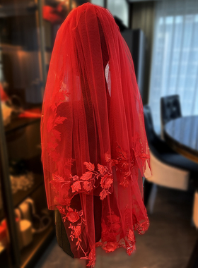 新娘红盖头出嫁结婚中式婚礼半透明纱头纱秀禾服红色头纱头饰新品