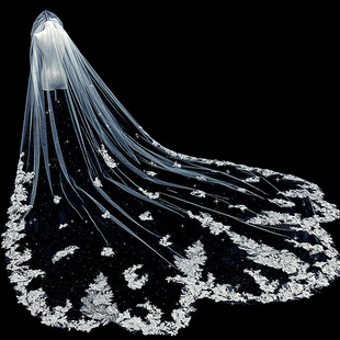 新娘结婚主婚纱头纱重工蕾丝长款拖尾细闪头纱婚礼婚纱拍照头纱