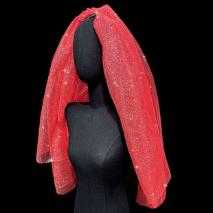 新娘结婚主婚纱头纱中式喜庆红色短款蓬蓬头纱婚礼拍照头纱头饰