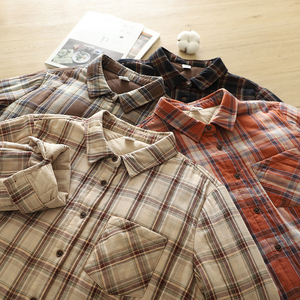 复古休闲格子衬衫女外套秋冬款夹棉加厚保暖翻领棉袄格子长袖衬衣