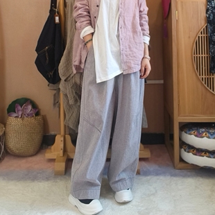 衣牧了然色织彩棉褶皱牛仔阔腿裤大直筒拖地裤28亚麻75棉 2510101