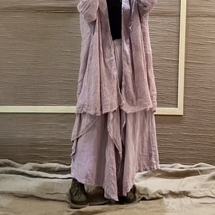 薄款 夏季 原创浪漫紫荷叶边前后两穿飘逸亚麻长裙裤 麻淑儿