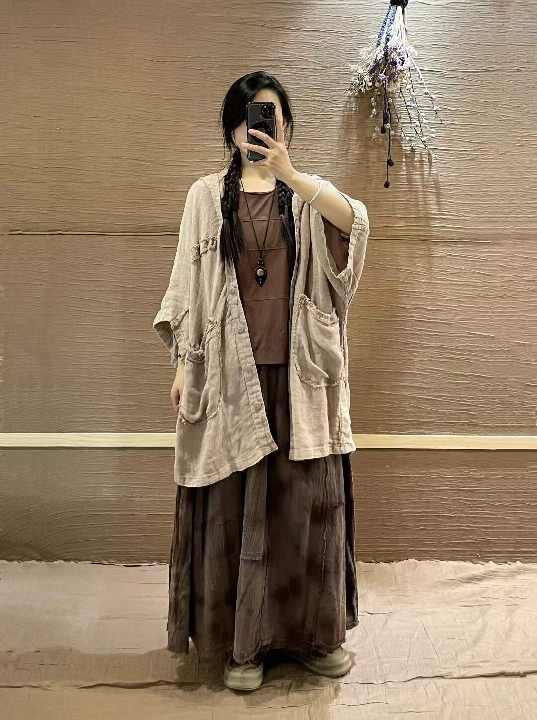 麻淑儿原创复古粗麻毛边拼接七分袖帽衫亚麻宽松蝙蝠型中长外套