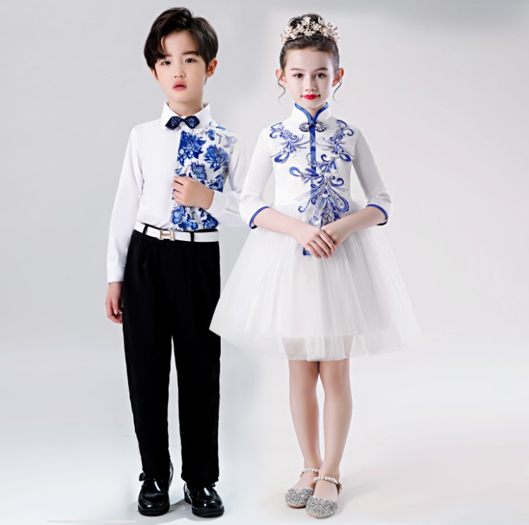 儿童青花瓷演出服中国风中小学生合唱团表演服六一幼儿园舞蹈纱裙