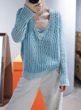 final sale! hand painted 真丝羊绒镂空v领毛衣