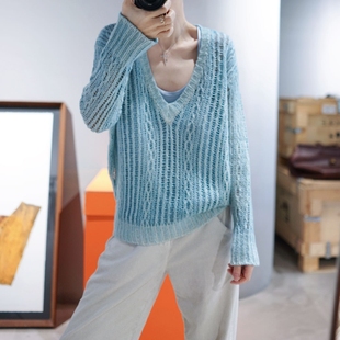 painted hand 真丝羊绒镂空v领毛衣 sale final