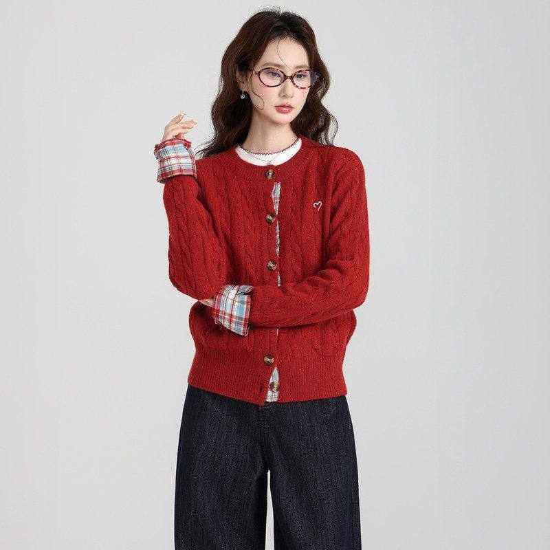 红色麻花假两件正肩加厚毛衣外套女2026秋冬季针织开衫慵懒风上衣