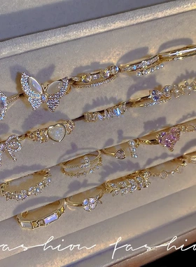 韩国轻奢高级感锆石珍珠戒指女复古小众设计蝴蝶结指环戒开口手饰