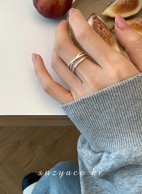 韩国东大门简约小众设计感s925纯银交叉戒指时尚个性食指戒可调节