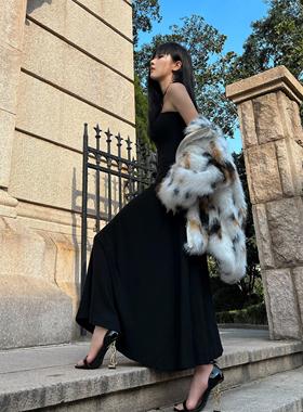 ROY11 入秋黑色一字肩蝴蝶挂脖吊带连衣裙收腰显瘦包臀辣妹裙子