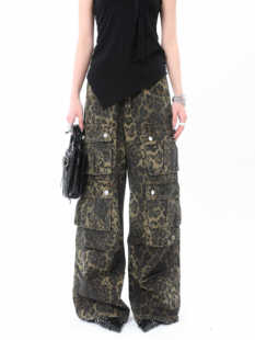 高街情侣宽松休闲牛仔阔腿裤 裤 复古做旧豹纹多口袋工装 ROY11美式