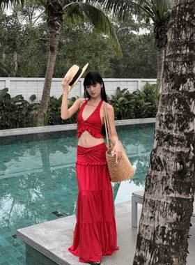 ROY11 普吉岛海滩 红色无袖木耳边挂脖吊带上衣性感包臀半裙套装