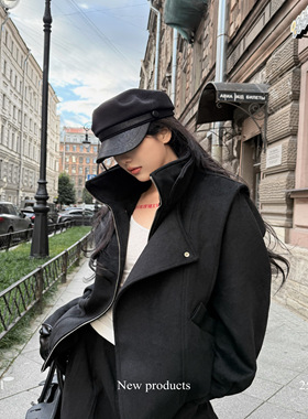 ROY11 都市锋线 黑色翻领毛呢夹克女秋冬气质高级感阔版宽松外套