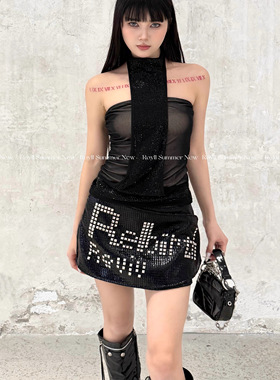 ROY11 心机女 黑色亮片背心吊带性感辣妹设计感水钻挂脖露背上衣