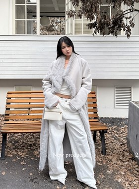 ROY11 马德里往事灰色麂皮一体绒大衣女冬季保暖过膝收腰显瘦外套