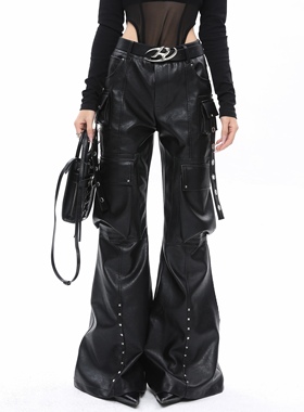 ROY11美式小众设计感pu皮裤女辣妹高腰显瘦直筒微喇叭拖地长裤子