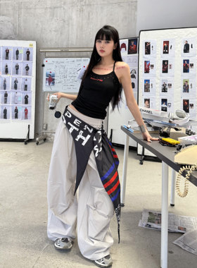 ROY11{松弛自如}灰色绑带叠穿松紧休闲裤夏季美式复古宽松阔腿裤