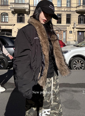 ROY11 零度判客 黑色短款棉服女秋冬美式复古廓形宽松可拆毛外套