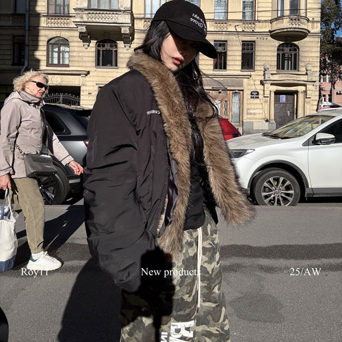 美式复古廓形黑色短款棉服女秋冬