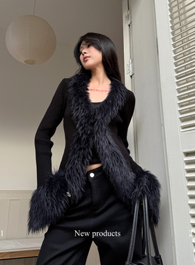 ROY11 梦回千禧年 黑色毛领T恤女秋冬辣妹设计感修身针织打底上衣