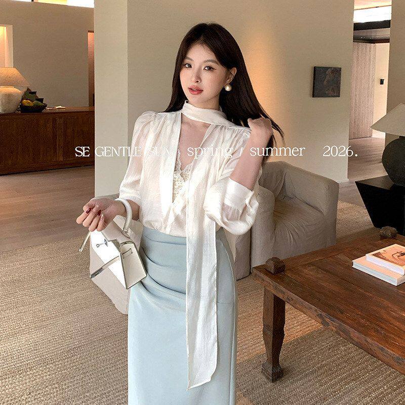 秀熙熙2026春季白标韩版蕾丝V领飘带天丝雪纺长袖衬衫女上衣89661