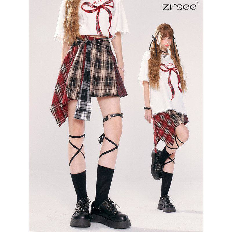 自然涩不规则拼接格子半身短裙女