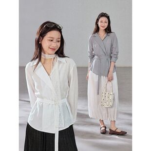 女春新品 韩系通勤上衣N413C 衬衫 歌铭绑带收腰长袖 半开 香氛