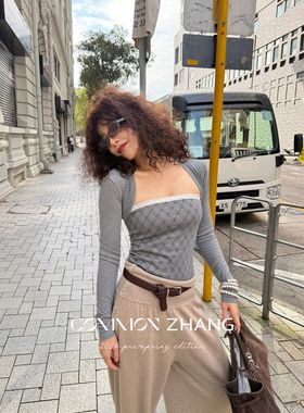 CZ ZHANG早春假两件蕾丝拼接方领长袖格纹T恤女修身打底衫 C13158