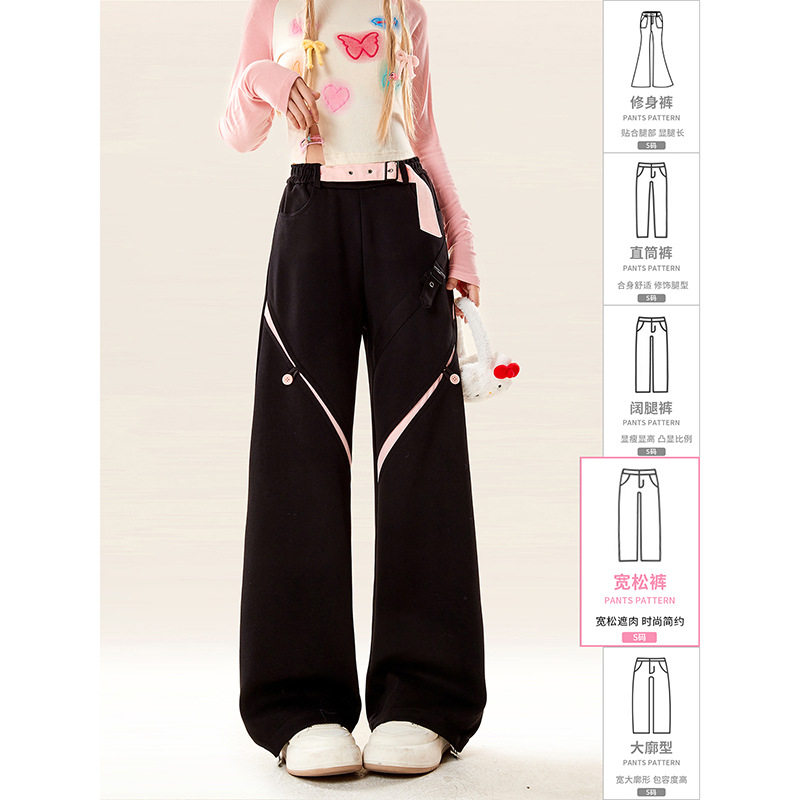 自然涩美式复古撞色工装裤女秋冬季新款直筒休闲宽松阔腿百搭裤子