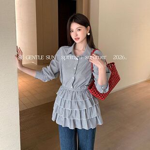 秀熙熙2026春季新款韩系天丝棉衬衫+蛋糕裙绑带屁帘两件套女89752