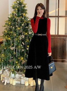 秀熙熙2025冬新款白标韩版气质百搭丝绒连衣裙背带无袖中裙88465