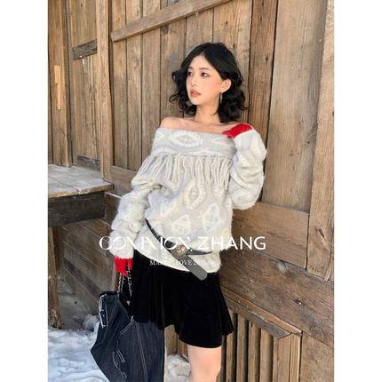 CZ ZHANG围巾领翻领流苏提花毛衣女宽松休闲一字领针织衫 B45009