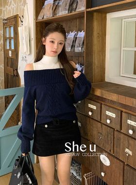 SHE U十三行韩系甜辣风一字肩上衣2025秋冬百搭氛围感羊毛针织衫