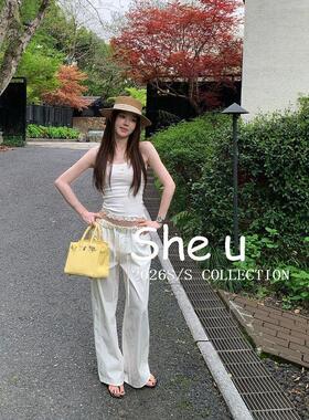 SHE U十三行韩系少女风柠檬翻边松紧腰长裤2026夏季设计感休闲裤