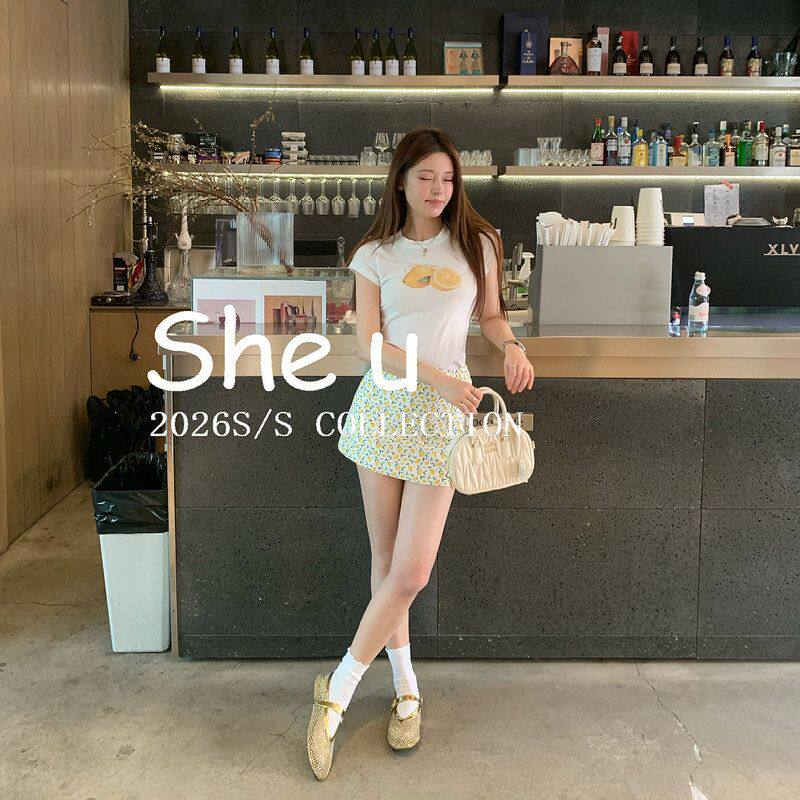 SHE U十三行纯欲少女风柠檬印花短裙2026夏日限定款百搭显瘦半裙