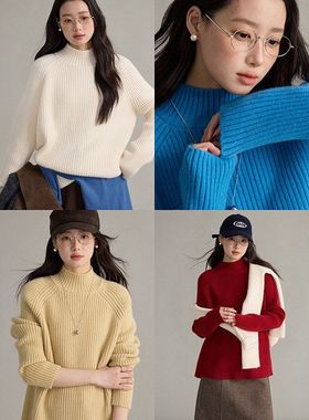【歌铭】韩系通勤中高领坑条宽松套头毛衣女冬季纯色针织衫N970C