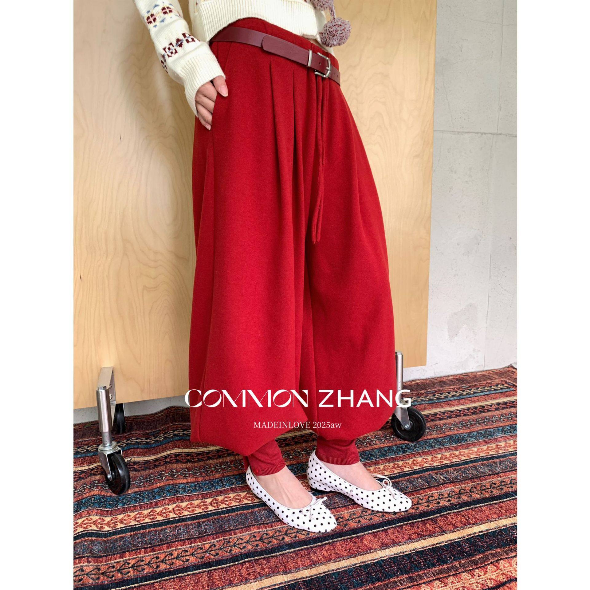 CZ ZHANG冬松紧腰小脚休闲裤女红色加厚保暖宽松阔腿卫衣裤B41312