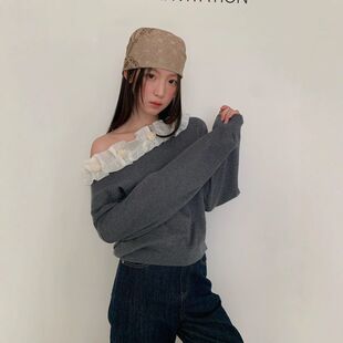 OPENING早秋25秋法式 NEW 小女人绝美花边斜肩露背针织毛衣女F6261