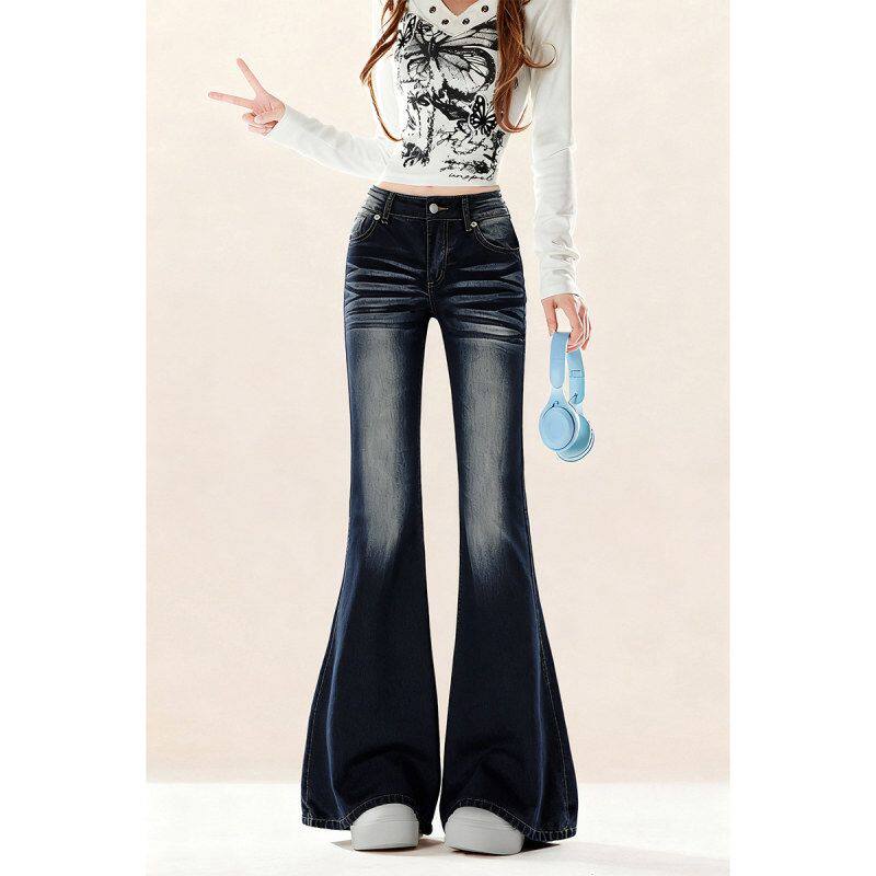 自然涩美式折痕设计感微喇牛仔裤女装秋冬季高腰显瘦加长喇叭裤子