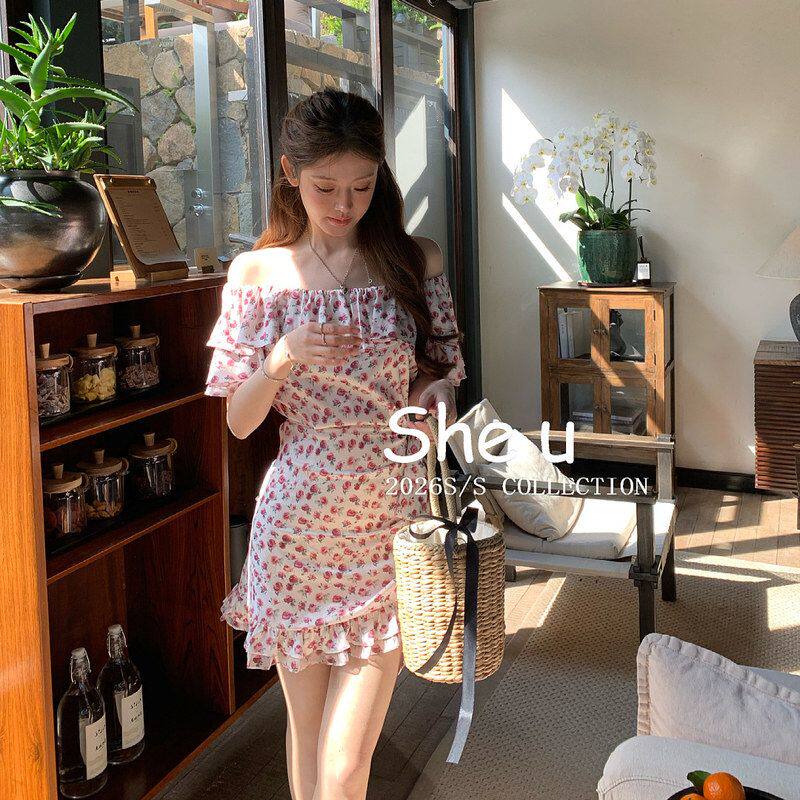 SHEU韩系度假风碎花一字肩短裙