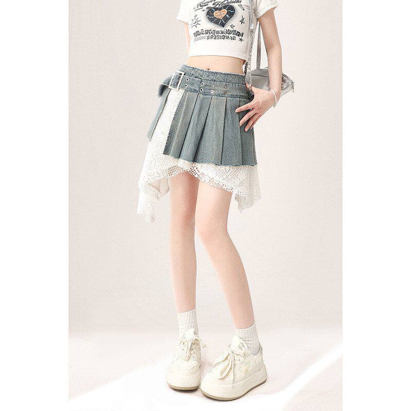 美式朋克不规则蕾丝拼接百褶裙半身短裙女夏季新款辣妹a字裙子潮