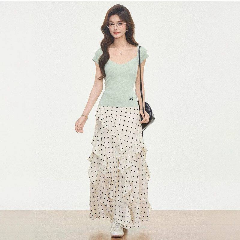 WESTAYONE韩系修身针织短袖上衣+小个子波点半身裙夏季两件套装女