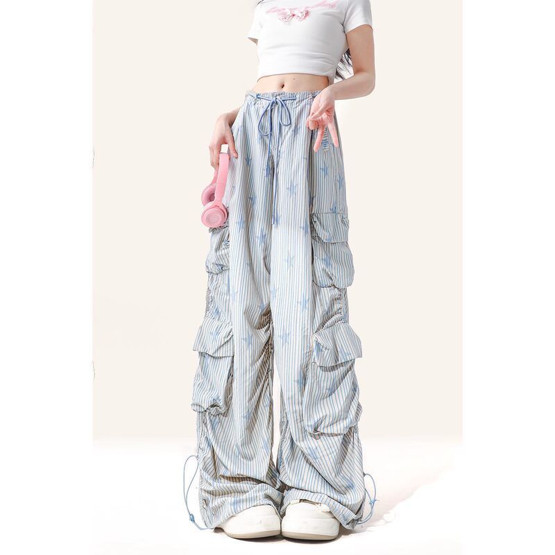 自然涩多巴胺穿搭美式星星工装裤女夏季辣妹高腰宽松直筒阔腿裤子